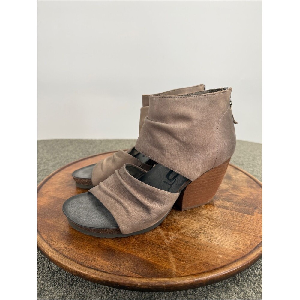 OTBT Sandals Wm 8.5 Patchouli Taupe Leather Ankle Bootie Block Heel Ruched Boho